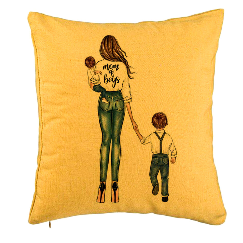 Perna Decorativa, Model Mom of Boys, 40x40 cm, Galben, Husa Detasabila, Burduf 5 Perna Decorativa