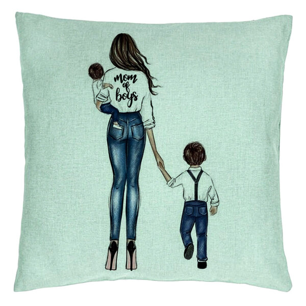 Perna Decorativa, Model Mom of Boys, 40x40 cm, Verde Menta, Husa Detasabila, Burduf 15 Perna Decorativa