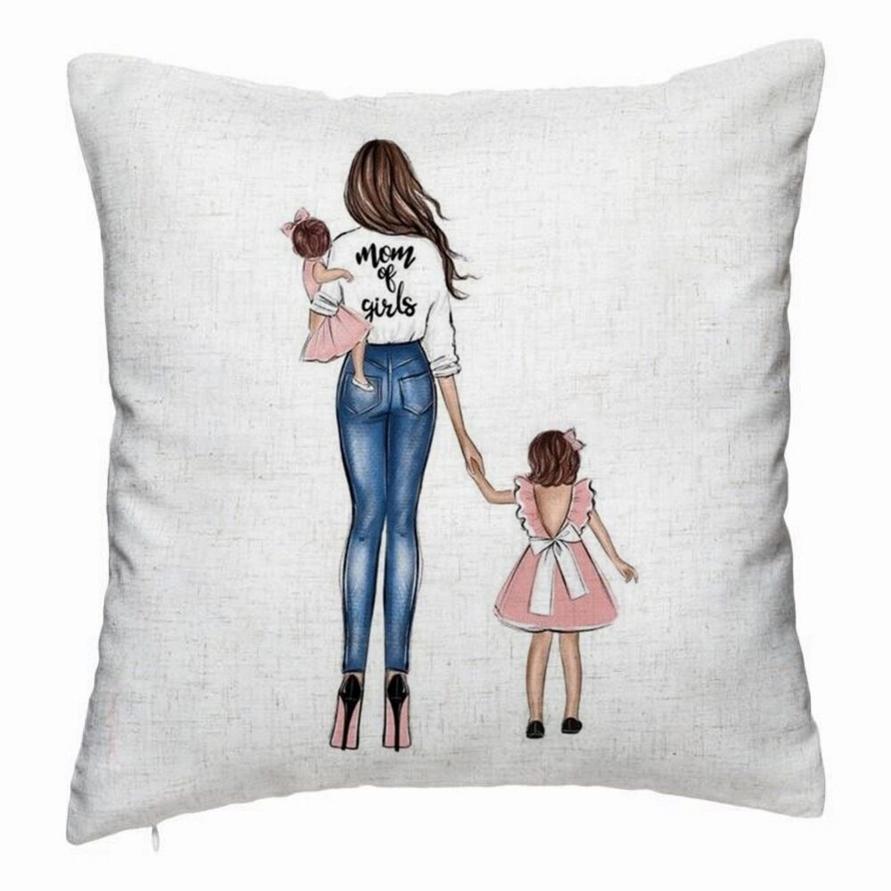 Perna Decorativa, Model Mom of Girls, 40x40 cm, Alb Murdar, Husa Detasabila, Burduf 5 Perna Decorativa