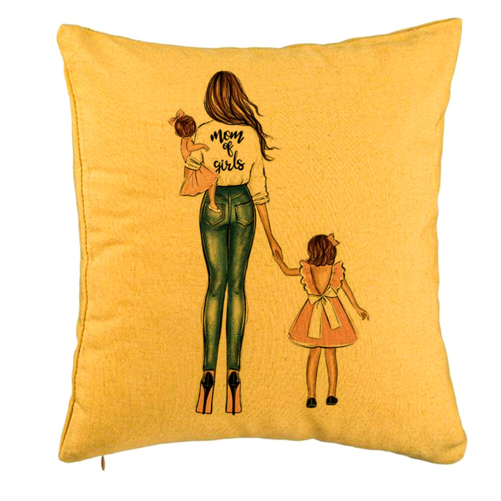 Perna Decorativa, Model Mom of Girls, 40x40 cm, Galben, Husa Detasabila, Burduf 5 Perna Decorativa