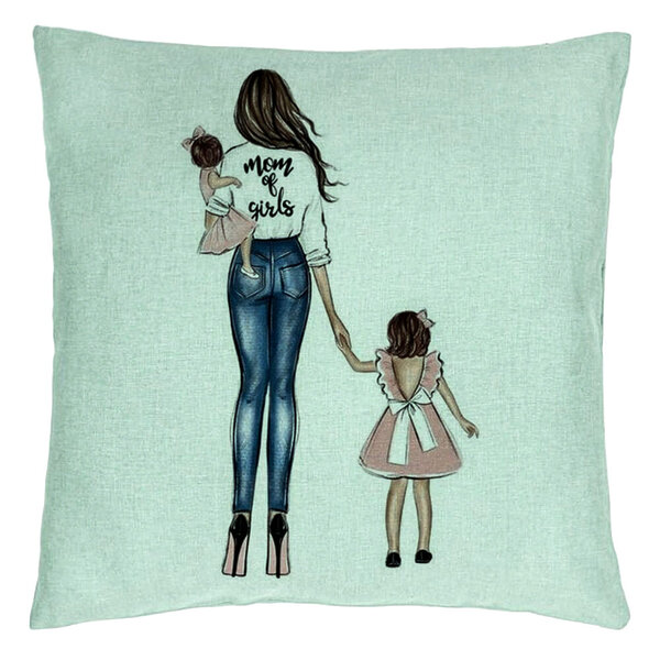 Perna Decorativa, Model Mom of Girls, 40x40 cm, Verde Menta, Husa Detasabila, Burduf 15 Perna Decorativa