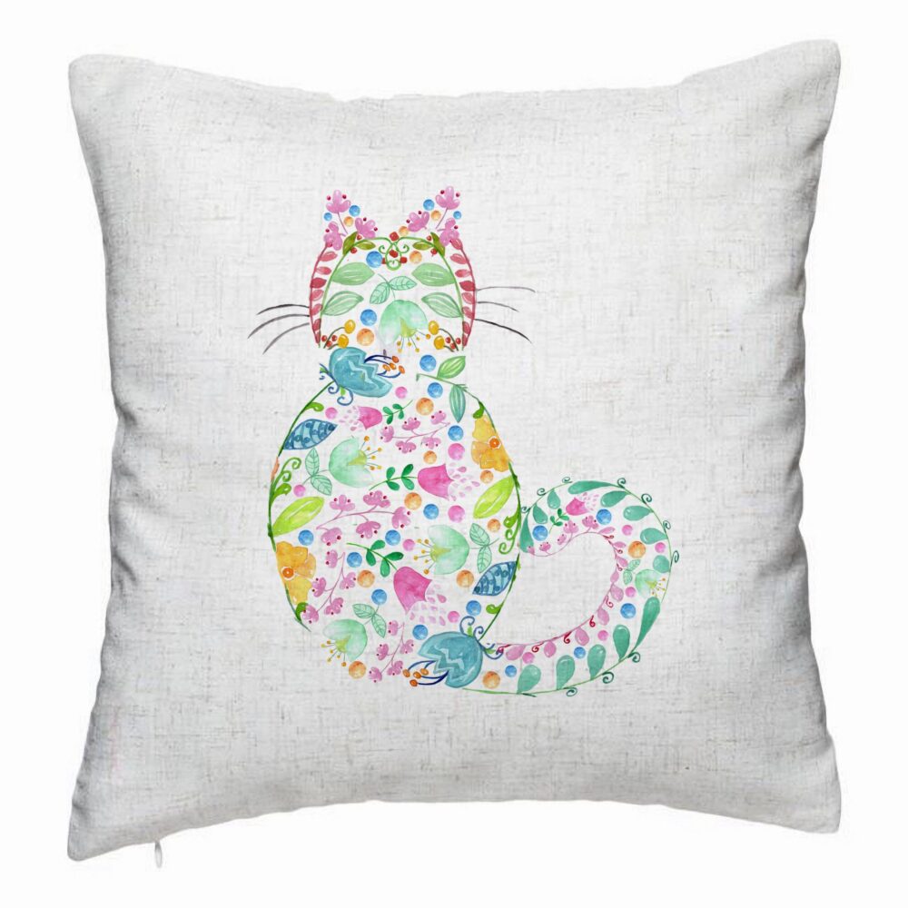 Perna Decorativa, Model Pisica cu Flori, Multicolor, 40x40 cm, Alb Murdar, Husa Detasabila, Burduf 5 Perna Decorativa