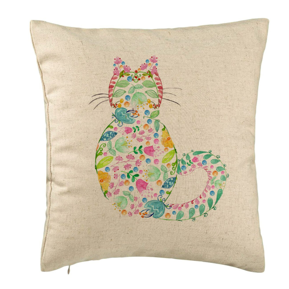 Perna Decorativa, Model Pisica cu Flori, Multicolor, 40x40 cm, Bej, Husa Detasabila, Burduf 5 Perna Decorativa