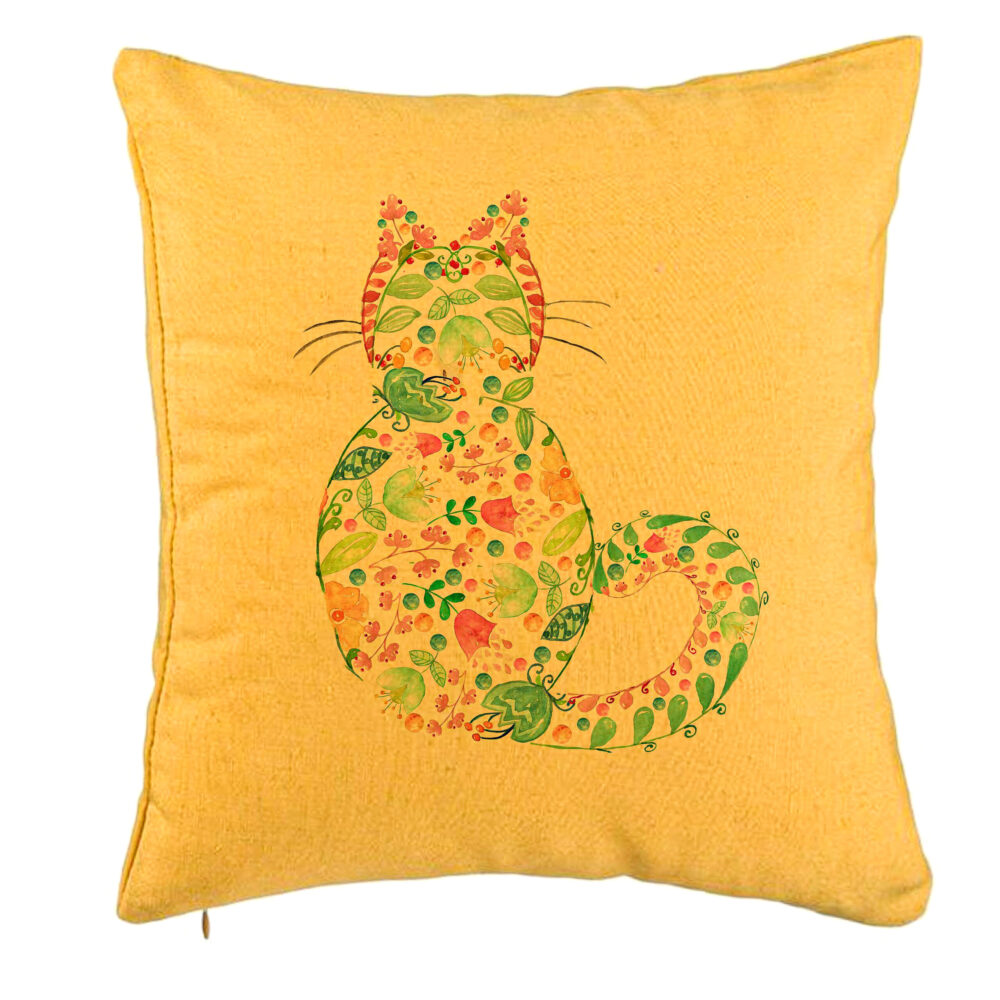 Perna Decorativa, Model Pisica cu Flori, Multicolor, 40x40 cm, Galben, Husa Detasabila, Burduf 5 Perna Decorativa
