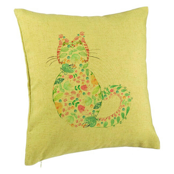 Perna Decorativa, Model Pisica cu Flori, Multicolor, 40x40 cm, Verde, Husa Detasabila, Burduf 5 Perna Decorativa