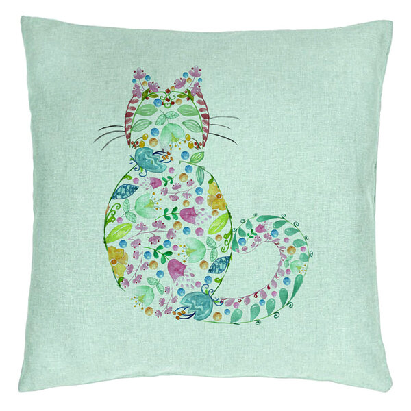 Perna Decorativa, Model Pisica cu Flori, Multicolor, 40x40 cm, Verde Menta, Husa Detasabila, Burduf 15 Perna Decorativa