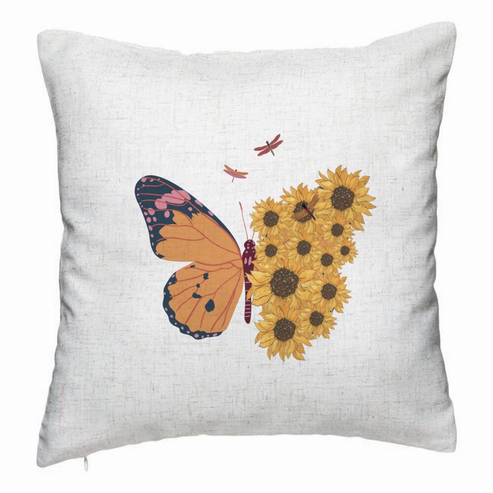 Perna Decorativa, Model SunFlower Butterfly, 40x40 cm, Alb Murdar, Husa Detasabila, Burduf 5 Perna Decorativa
