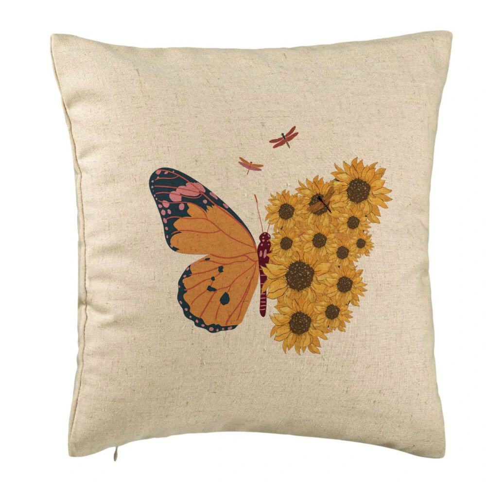 Perna Decorativa, Model SunFlower Butterfly, 40x40 cm, Bej, Husa Detasabila, Burduf 5 Perna Decorativa