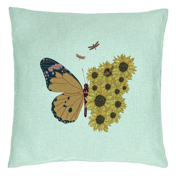 Perna Decorativa, Model SunFlower Butterfly, 40x40 cm, Verde Menta, Husa Detasabila, Burduf 15 Perna Decorativa