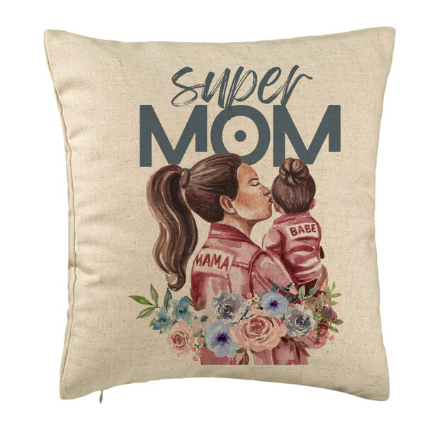 Perna Decorativa, Model Super MOM Babe, 40x40 cm, Bej, Husa Detasabila, Burduf 5 Perna Decorativa