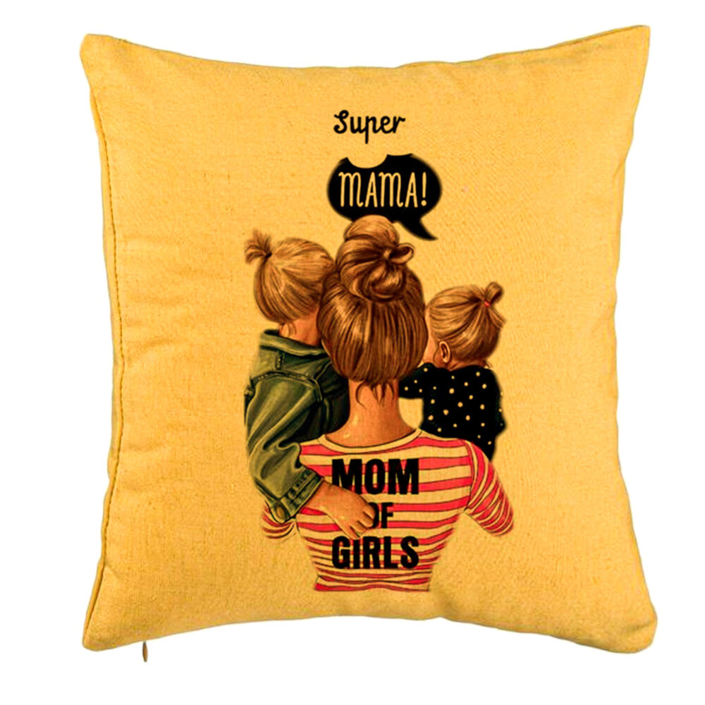 Perna Decorativa, Model Super Mama, 40x40 cm, Galben, Husa Detasabila, Burduf 5 Perna Decorativa
