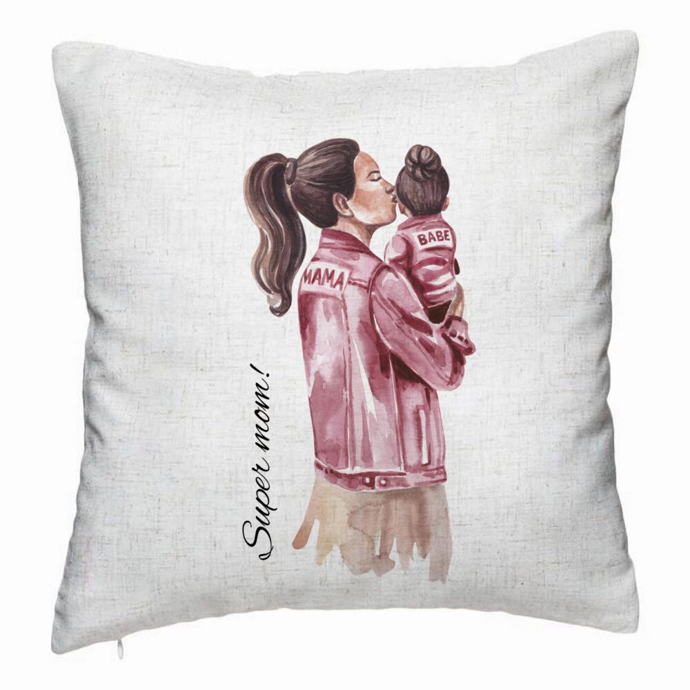 Perna Decorativa, Model Super Mom & Babe, 40x40 cm, Alb Murdar, Husa Detasabila, Burduf 5 Perna Decorativa
