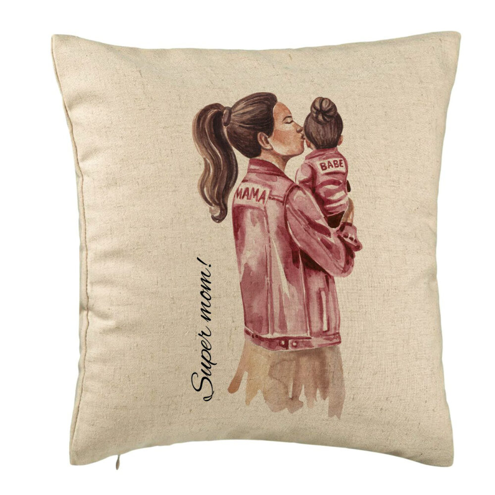 Perna Decorativa, Model Super Mom & Babe, 40x40 cm, Bej, Husa Detasabila, Burduf 5 Perna Decorativa