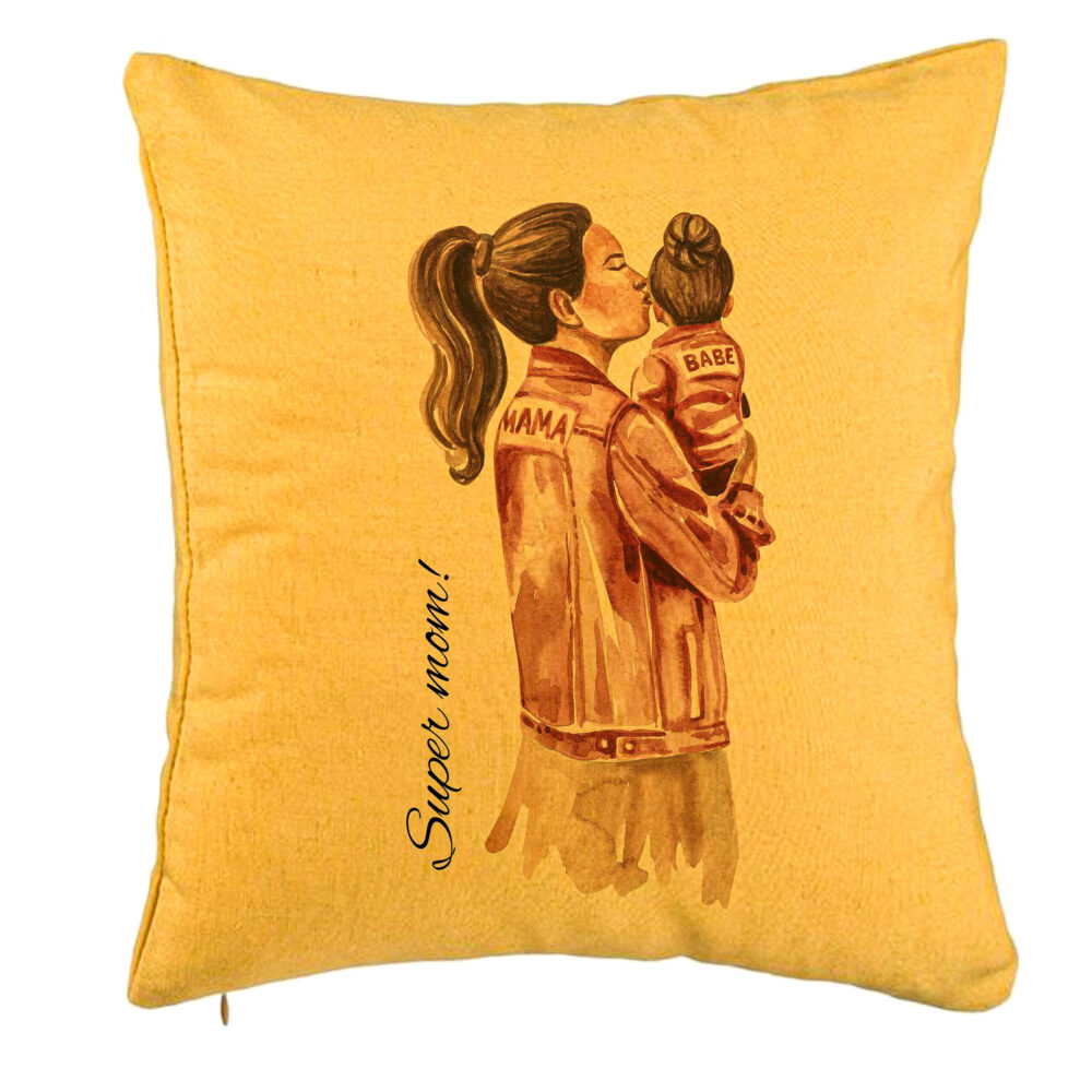Perna Decorativa, Model Super Mom & Babe, 40x40 cm, Galben, Husa Detasabila, Burduf 5 Perna Decorativa