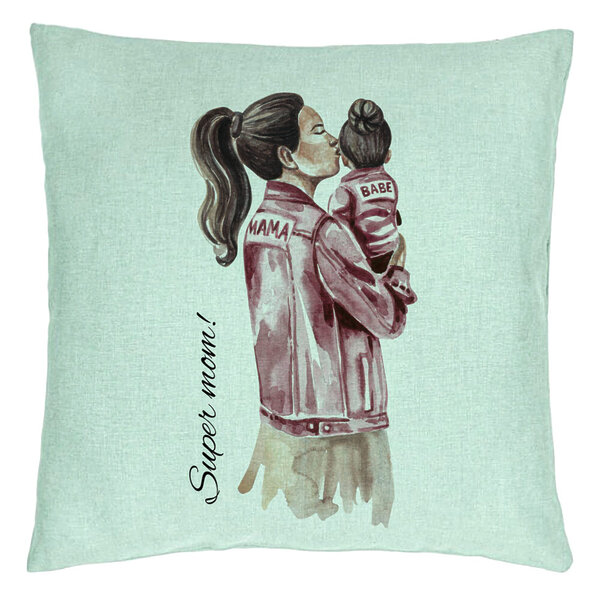 Perna Decorativa, Model Super Mom & Babe, 40x40 cm, Verde Menta, Husa Detasabila, Burduf 15 Perna Decorativa