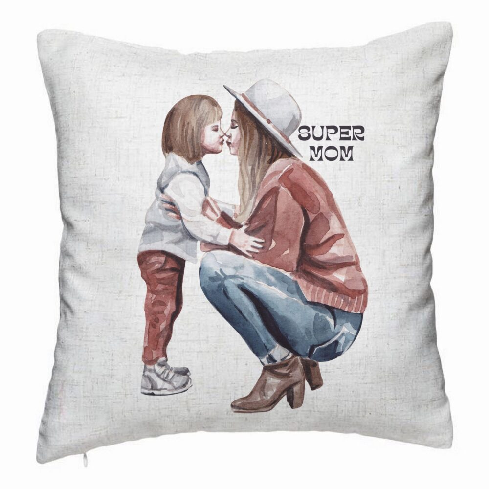 Perna Decorativa, Model Super Mom Girl, 40x40 cm, Alb Murdar, Husa Detasabila, Burduf 5 Perna Decorativa