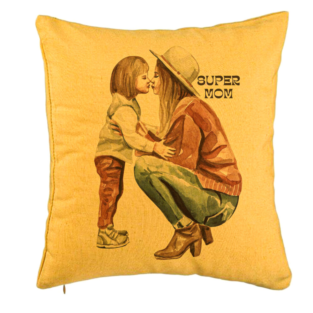 Perna Decorativa, Model Super Mom Girl, 40x40 cm, Galben, Husa Detasabila, Burduf 5 Perna Decorativa