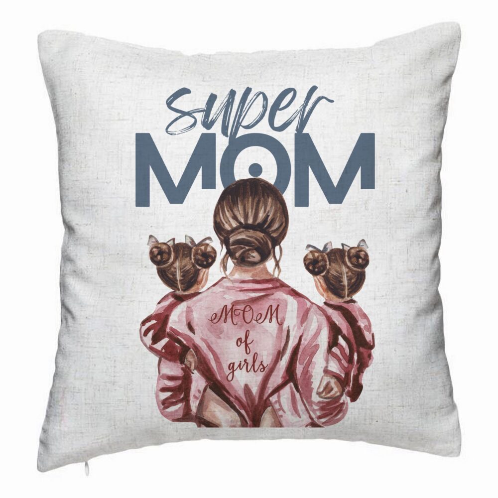 Perna Decorativa, Model Super Mom of Girls, 40x40 cm, Alb Murdar, Husa Detasabila, Burduf 5 Perna Decorativa
