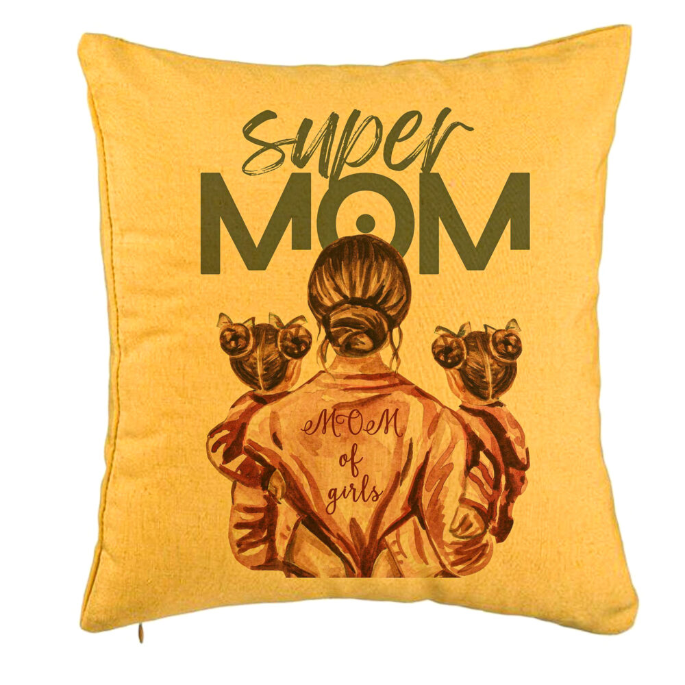 Perna Decorativa, Model Super Mom of Girls, 40x40 cm, Galben, Husa Detasabila, Burduf 5 Perna Decorativa