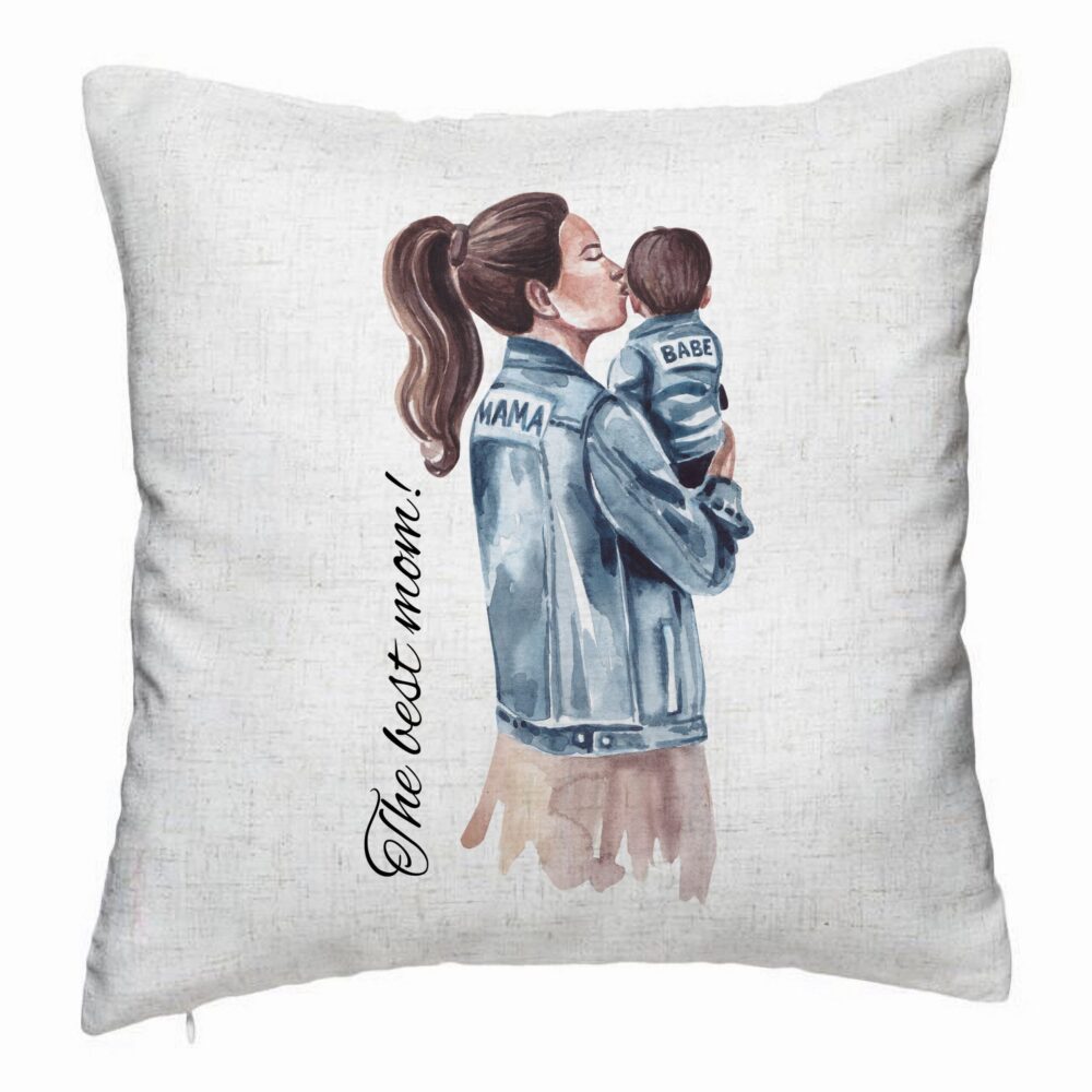 Perna Decorativa, Model The Best Mom 40x40 cm, Alb Murdar, Husa Detasabila, Burduf 5 Perna Decorativa