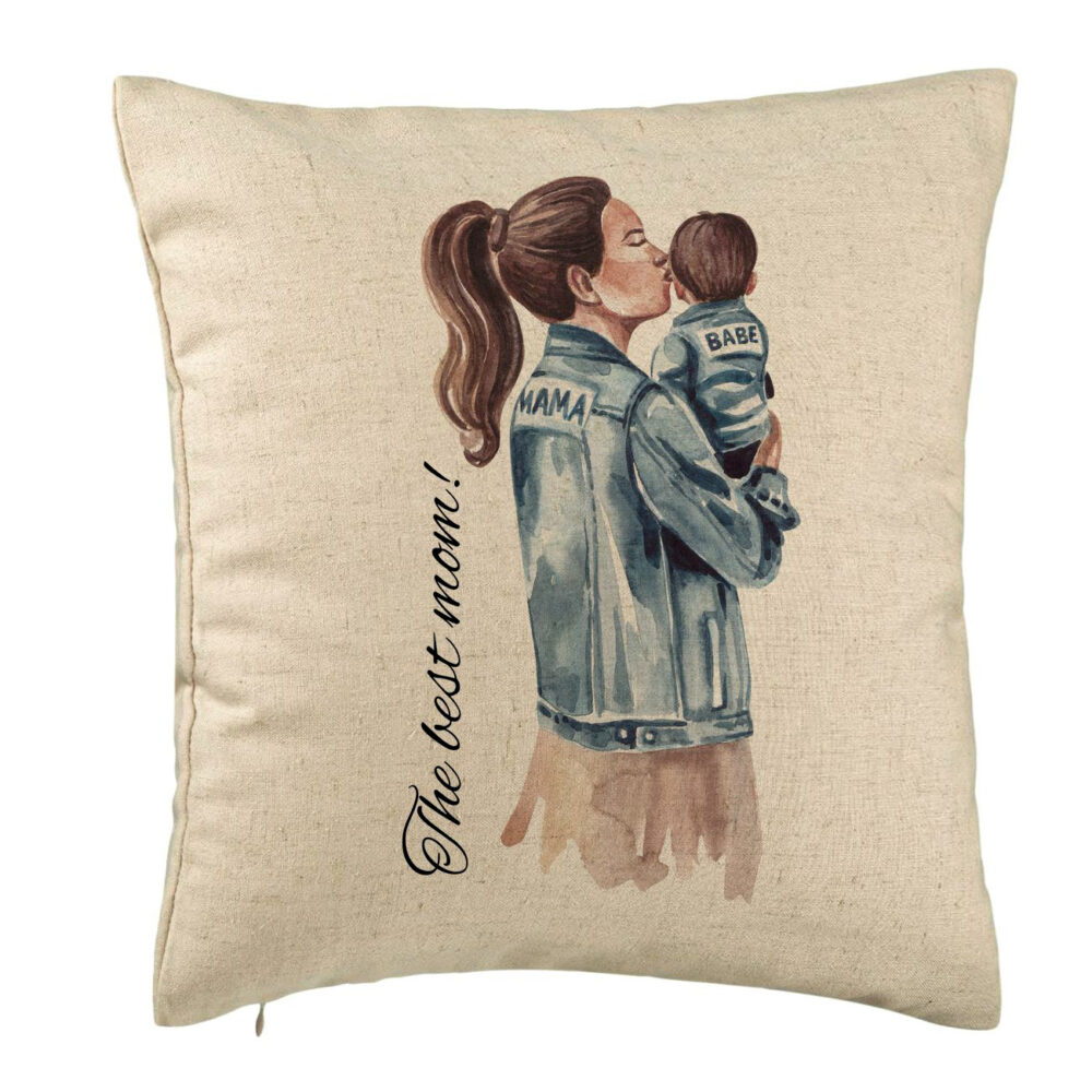 Perna Decorativa, Model The Best Mom 40x40 cm, Bej, Husa Detasabila, Burduf 5 Perna Decorativa