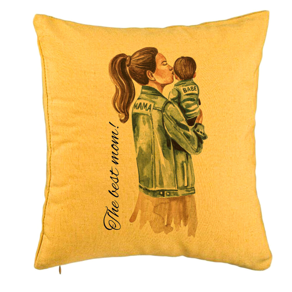 Perna Decorativa, Model The Best Mom 40x40 cm, Galben, Husa Detasabila, Burduf 5 Perna Decorativa