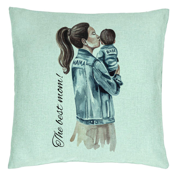 Perna Decorativa, Model The Best Mom 40x40 cm, Verde Menta, Husa Detasabila, Burduf 15 Perna Decorativa