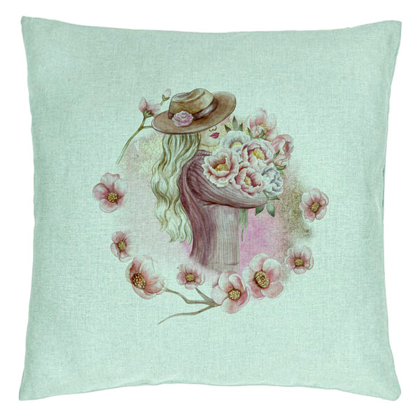 Perna Decorativa, Model The Flower Lady, 40x40 cm, Verde Menta, Husa Detasabila, Burduf 15 Perna Decorativa
