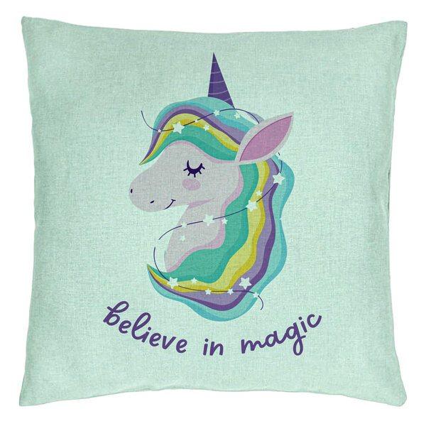 Perna Decorativa, Model Unicorns Believe in Magic, 40x40 cm, Verde Menta, Husa Detasabila, Burduf 15 Perna Decorativa