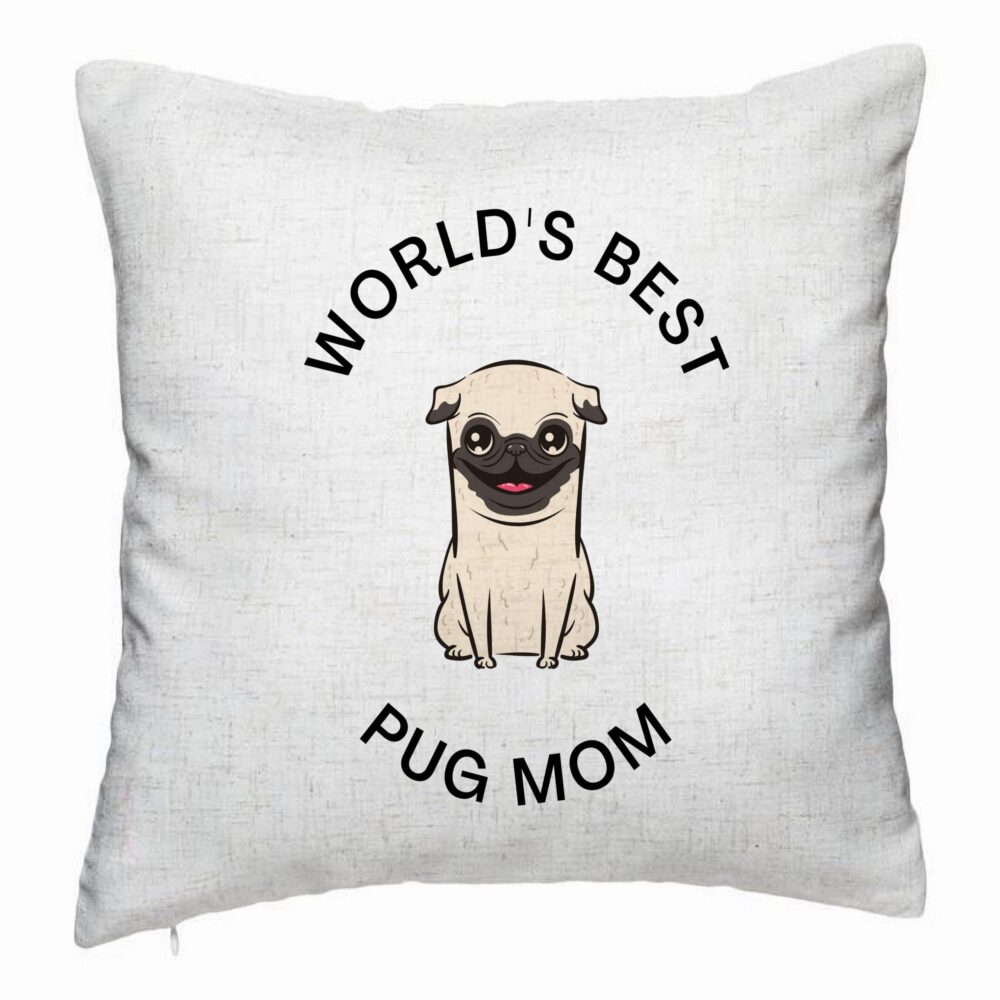 Perna Decorativa, Model World's Best Pug Mom, 40x40 cm, Alb Murdar, Husa Detasabila, Burduf 5 Perna Decorativa
