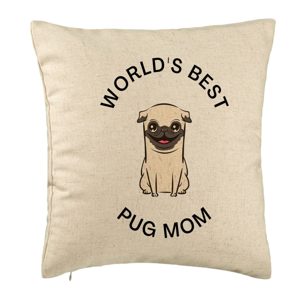 Perna Decorativa, Model World's Best Pug Mom, 40x40 cm, Bej, Husa Detasabila, Burduf 5 Perna Decorativa
