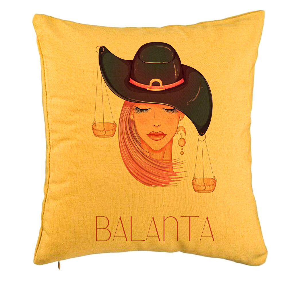 Perna Decorativa, Model Zodia Balanta, 40x40 cm, Galben, Husa Detasabila, Burduf 5 Perna Decorativa