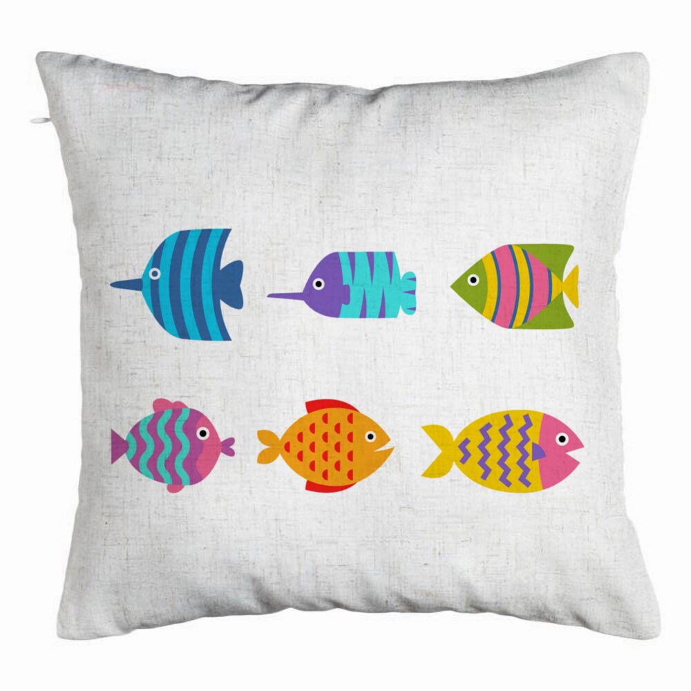 Perna Decorativa, Model cu Pesti Multicolor, 40x40 cm, Alb Murdar, Husa Detasabila, Burduf 5 Perna Decorativa