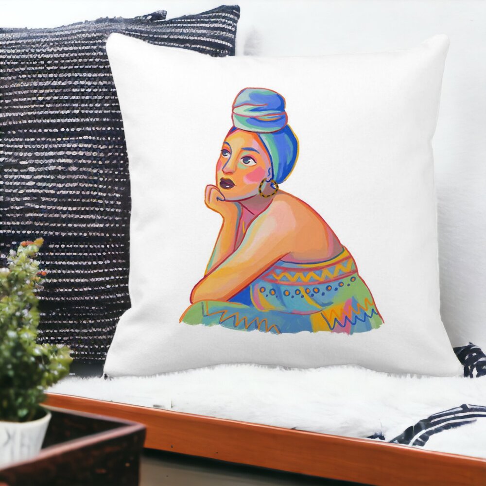 Perna Decorativa Patrata African Fashion, 40x40 cm, Alba, Mata, Husa Detasabila, Burduf 14 Mata