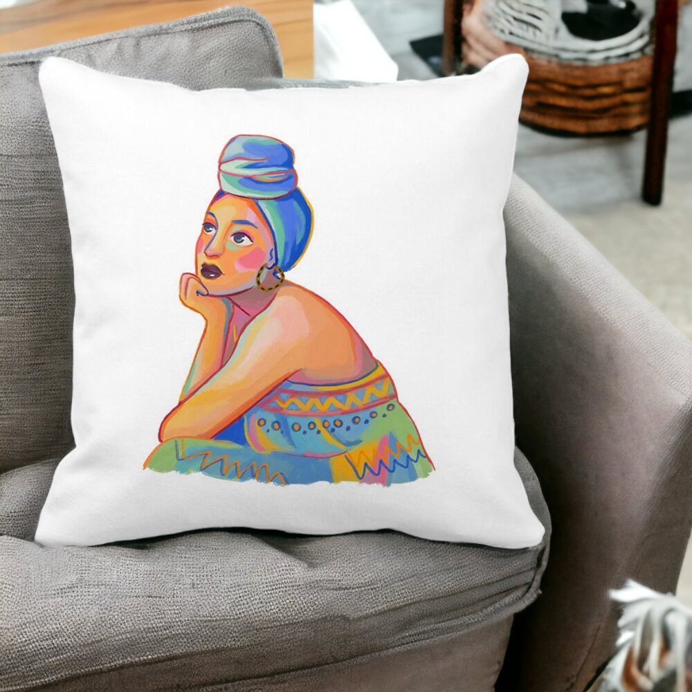 Perna Decorativa Patrata African Fashion, 40x40 cm, Alba, Mata, Husa Detasabila, Burduf 15 Husa Detasabila