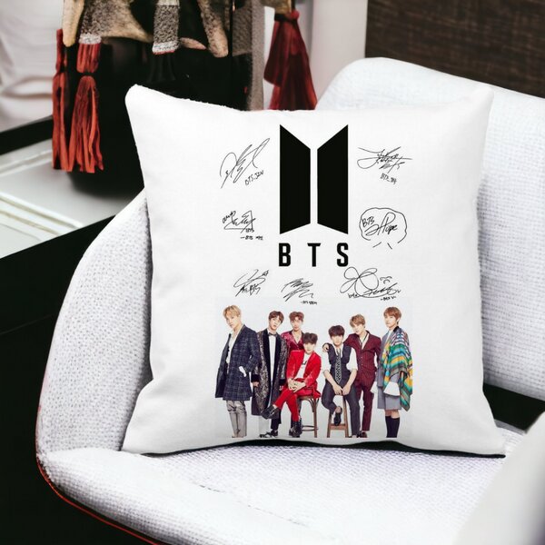 Perna Decorativa Patrata BTS, 40x40 cm, Alba, Mata, Husa Detasabila, Burduf 14 Mata