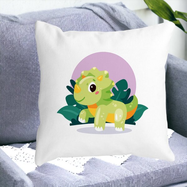 Perna Decorativa Patrata Baby Dinozaur Verde cu Peisaj, 40x40 cm, Alba, Mata, Husa Detasabila, Burduf 13 Alba