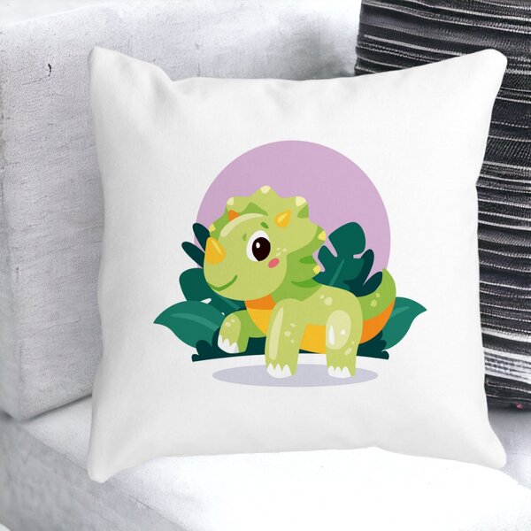 Perna Decorativa Patrata Baby Dinozaur Verde cu Peisaj, 40x40 cm, Alba, Mata, Husa Detasabila, Burduf 14 Mata
