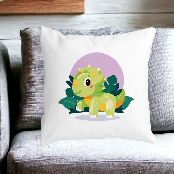 Perna Decorativa Patrata Baby Dinozaur Verde cu Peisaj, 40x40 cm, Alba, Mata, Husa Detasabila, Burduf 15 Husa Detasabila
