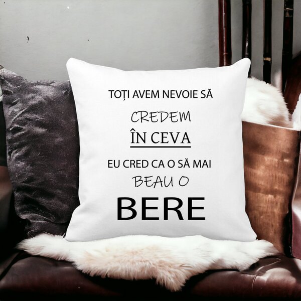 Perna Decorativa Patrata Beau o Bere, 40x40 cm, Alba, Mata, Husa Detasabila, Burduf 13 Alba