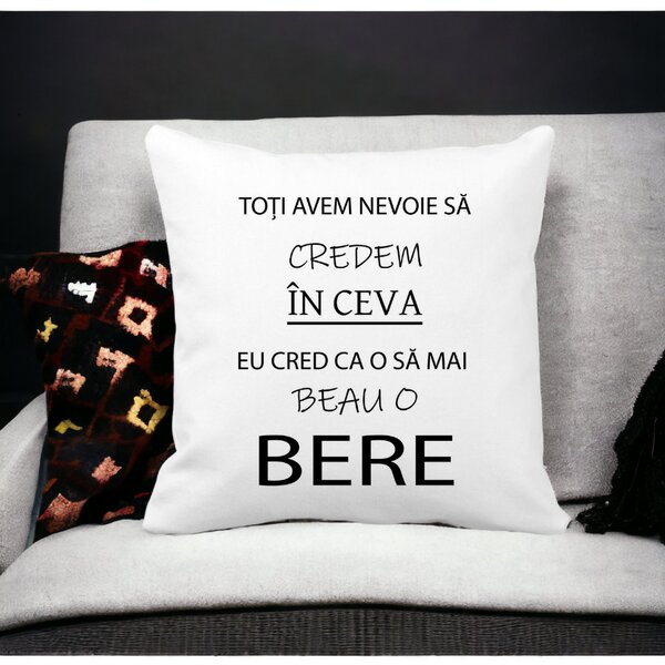 Perna Decorativa Patrata Beau o Bere, 40x40 cm, Alba, Mata, Husa Detasabila, Burduf 14 Mata