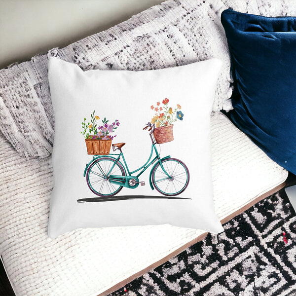Perna Decorativa Patrata Bicicleta Floarala, 40x40 cm, Alba, Mata, Husa Detasabila, Burduf 14 40x40 cm