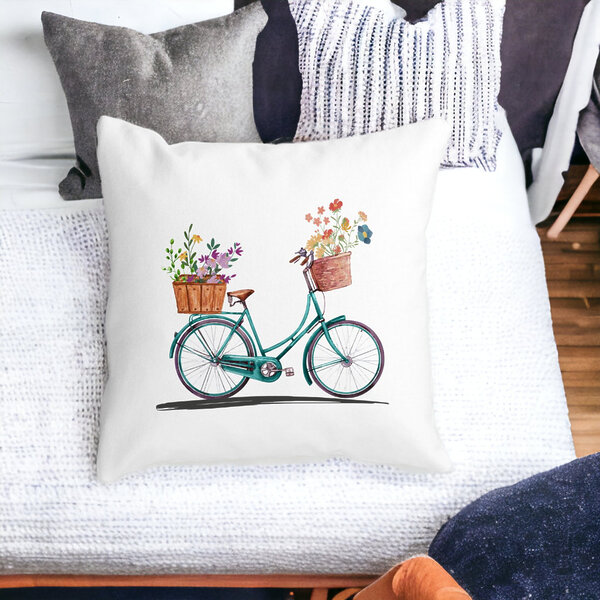 Perna Decorativa Patrata Bicicleta Floarala, 40x40 cm, Alba, Mata, Husa Detasabila, Burduf 15 Alba