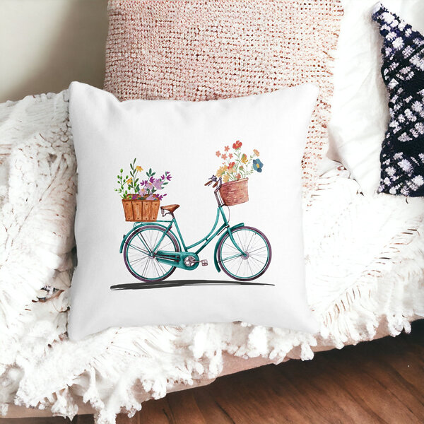 Perna Decorativa Patrata Bicicleta Floarala, 40x40 cm, Alba, Mata, Husa Detasabila, Burduf 16 Mata