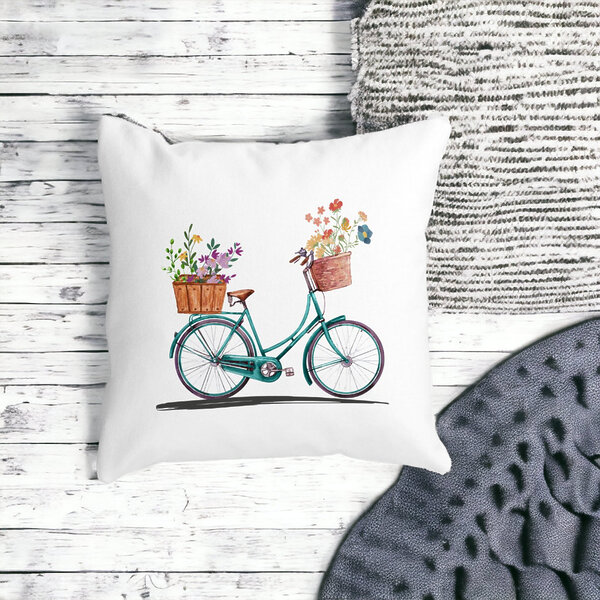 Perna Decorativa Patrata Bicicleta Floarala, 40x40 cm, Alba, Mata, Husa Detasabila, Burduf 17 Husa Detasabila