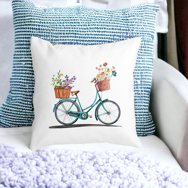 Perna Decorativa Patrata Bicicleta Floarala, 40x40 cm, Alba, Mata, Husa Detasabila, Burduf 18 Burduf