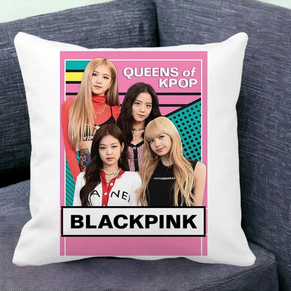 Perna Decorativa Patrata Blackpink K-POP, 40x40 cm, Alba, Mata, Husa Detasabila, Burduf 12 40x40 cm