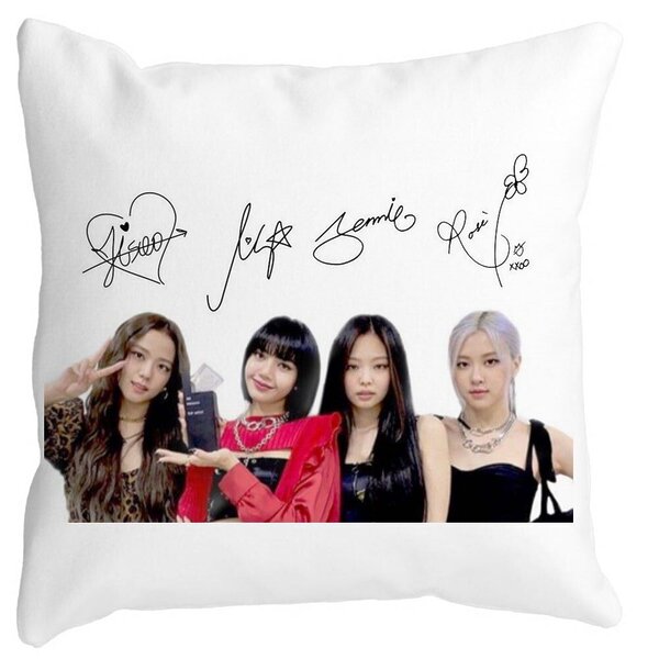 Perna Decorativa Patrata Blackpink K-POP semnaturi, 40x40 cm, Alba, Mata, Husa Detasabila, Burduf 11 Perna Decorativa Patrata Blackpink K-POP semnaturi