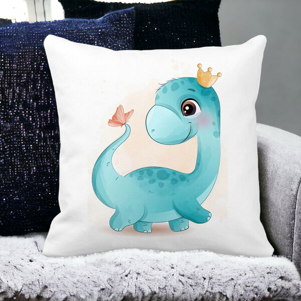 Perna Decorativa Patrata Blue Baby Dinozaur, 40x40 cm, Alba, Mata, Husa Detasabila, Burduf 12 40x40 cm