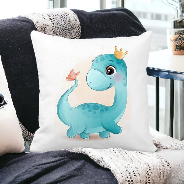 Perna Decorativa Patrata Blue Baby Dinozaur, 40x40 cm, Alba, Mata, Husa Detasabila, Burduf 13 Alba